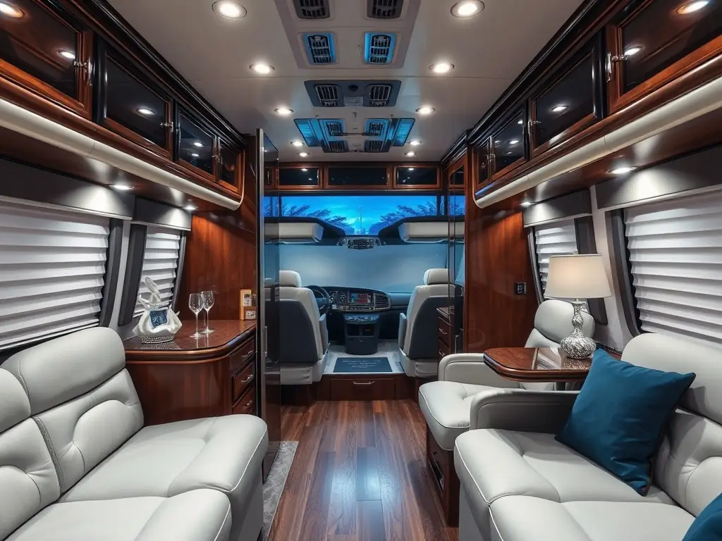 Luxurious interior of a motorhome with high-end finishes.