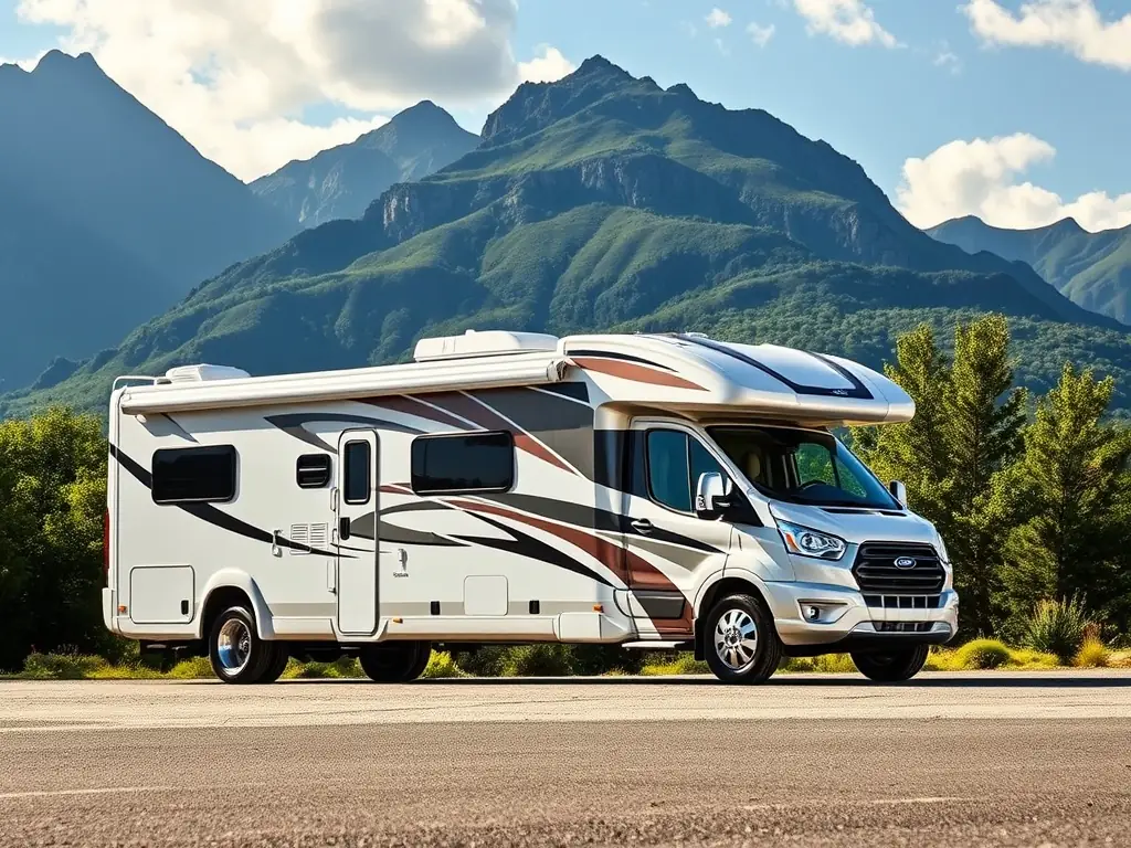 A sleek and modern motorhome parked in a scenic location.
