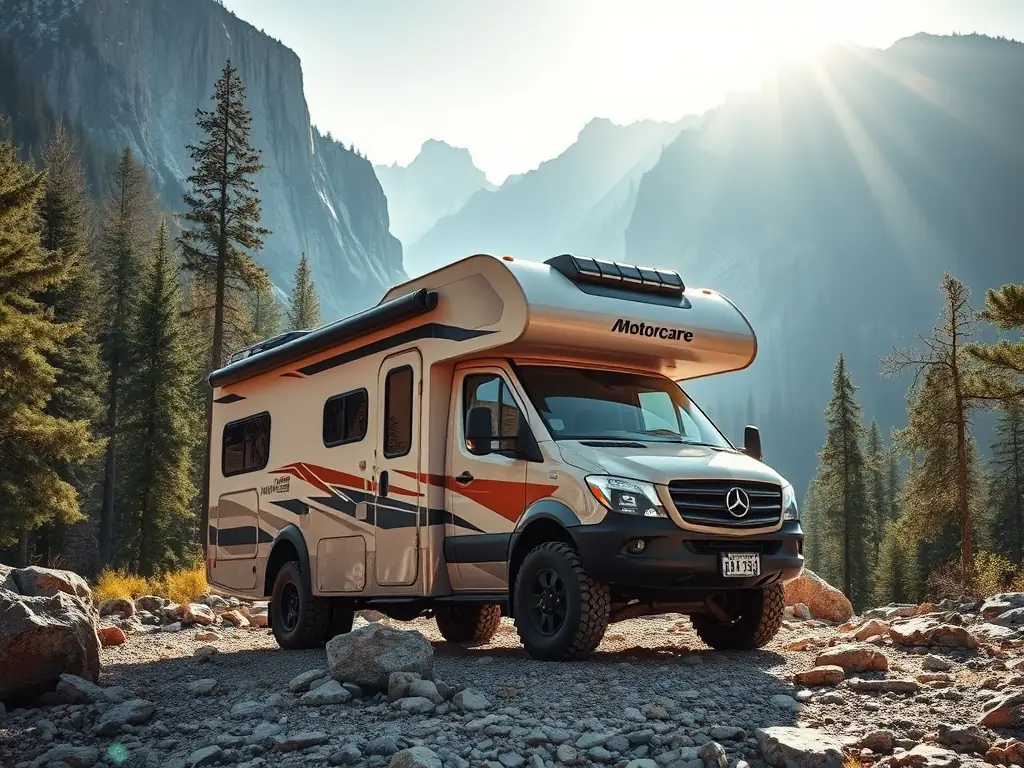 A rugged motorhome designed for off-road adventures in a mountainous setting.